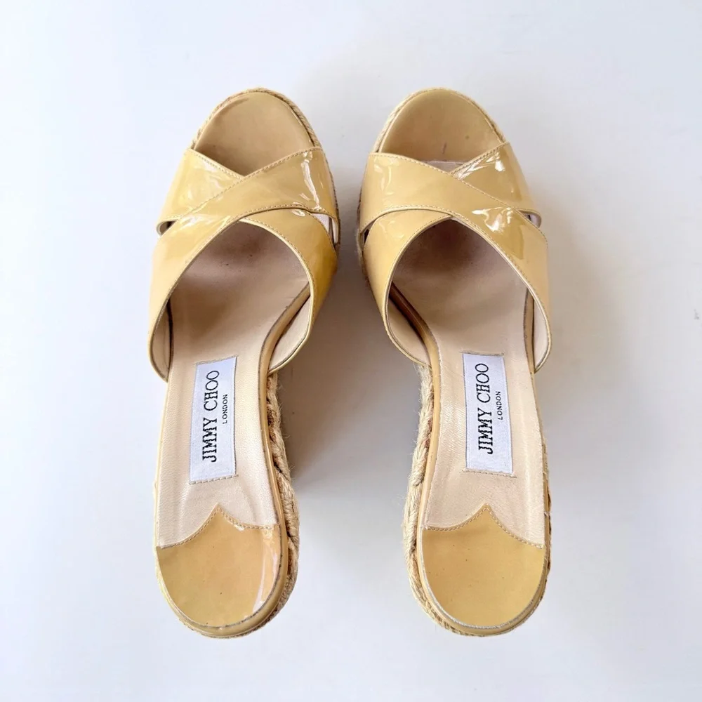 Jimmy Choo Patent Leather Espadrille Wedge Sandals Tan Camel 39